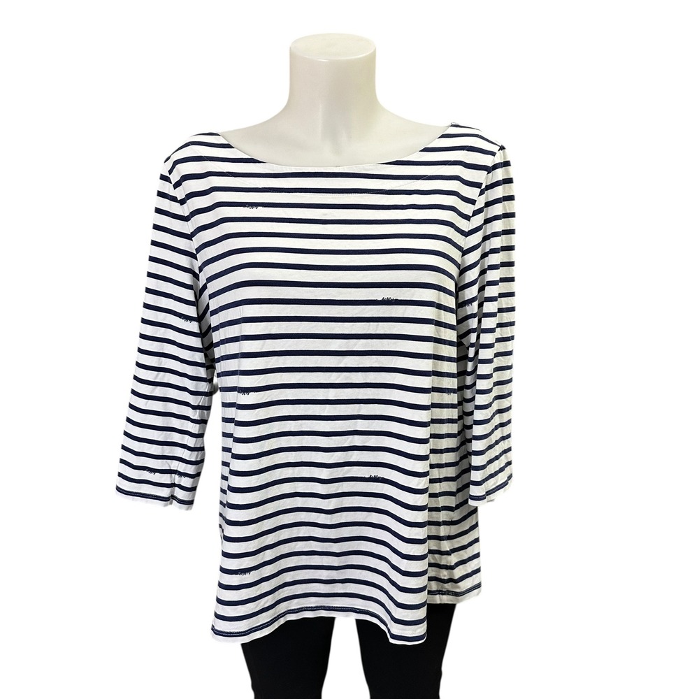 Lilly Pulitzer Striped Blue‎ White Lilly print Boat Neck 3/4 Sleeve Top M/L
